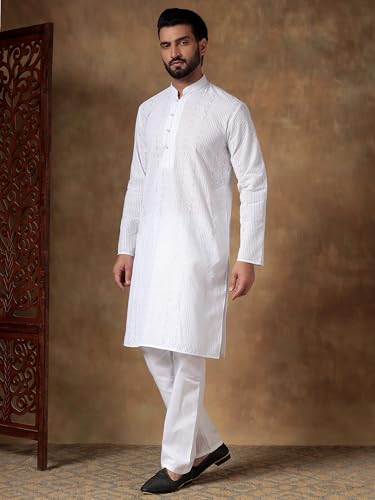 Image of Men's Solid Regular Fit Ethnic Wear White Kurta Pajama Set with Front Pocket