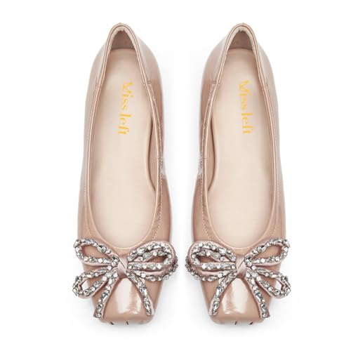 miss left Women Rhinestone Bowknot Square Toe Flats Slip on Block Low Heel Comfortable Trendy Party Date Leisure Pumps Size 4-16 US4
