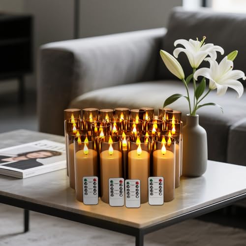 Image of 24 Pack LED Gray Flameless Candles with Remote, 3D Flickering Battery Operated Candles in Glass Holders, Safe for Weddings, Parties, Home and Outdoor Decor.