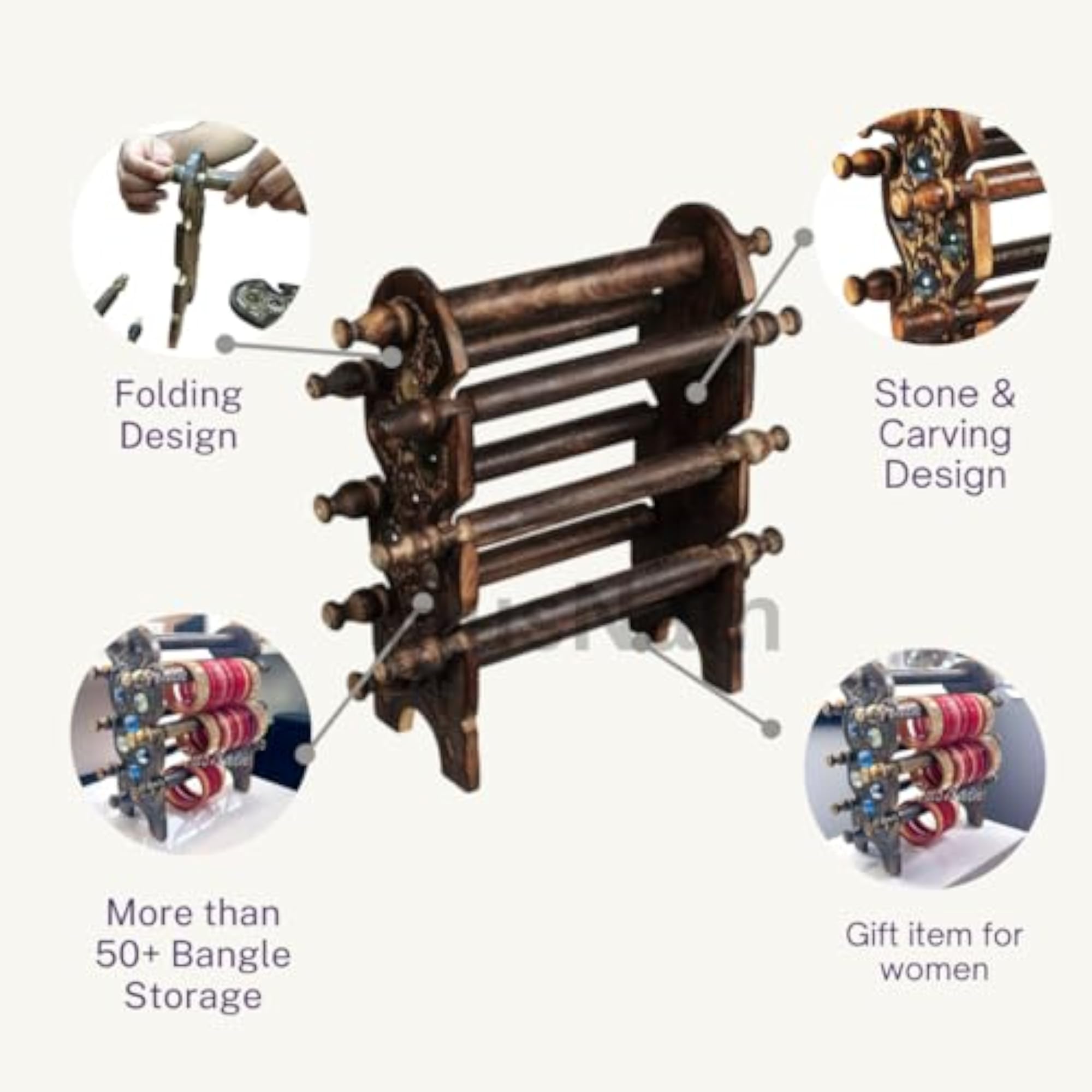 Wooden 6 Rod Bangle Stand, Folding Chuddi Organizer