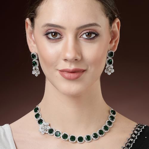 Image of ZENEME Jewellery Set Classic Style Rhodium Plated AD /American Diamond Studded Silver Plated Bejeweled Rose Necklace Jewellery Set for Women & Girls