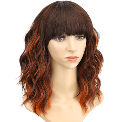 Image of AISI HAIR Ginger and Brown Synthetic Wavy Curly Bob Wig with Bangs Short Wavy Hair for Women Synthetic Heat Resistant Bob Wigs
