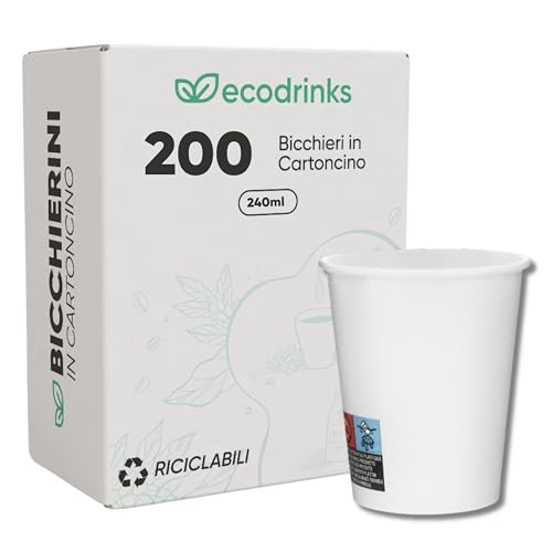 ecodrinks - 200 Bicchieri Carta Bianco da 240ml - Per Acqua, Cocktail, Bevande Calde e Fredde - Biodegradabili, Eco-friendly e Made in Italy