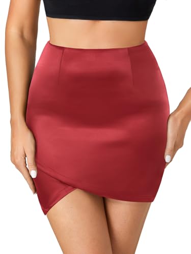 Women's Satin Silky High Waist Warp Asymmetrical Tulip Hem Bodycon Pencil Short Mini Skirt2