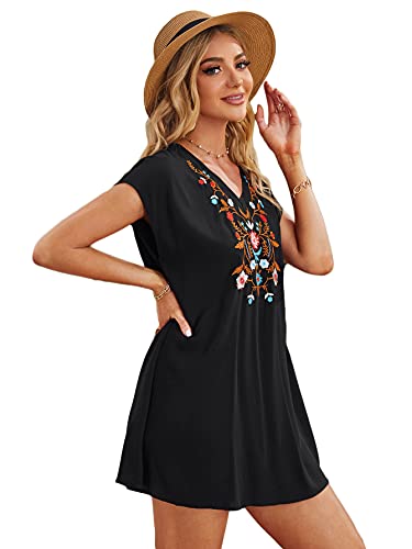 Romwe Women's Tunic Dress Floral Embroidery Short Sleeve V Neck T Shirt Dress Black M #TOP2