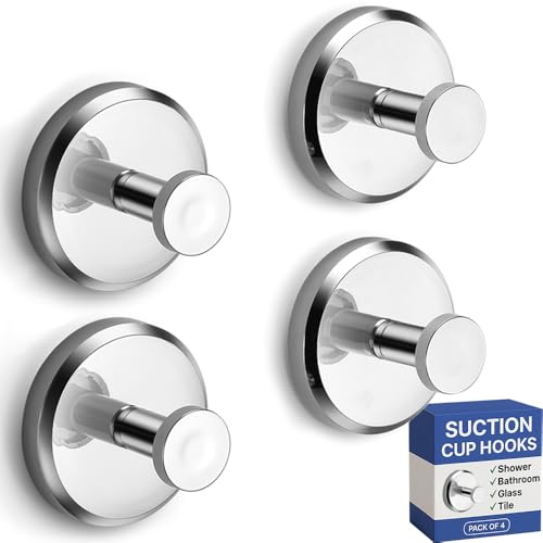 Image of HOME SO Suction Cup Hooks for Shower & Bathroom Towel Holder 4-Pack - Suction Cups Hooks for Hanging Towels, Robes, & Coats - Tiles, Glass Door or Mirror - Shower Hooks & Towel Hooks Organizer -Chrome