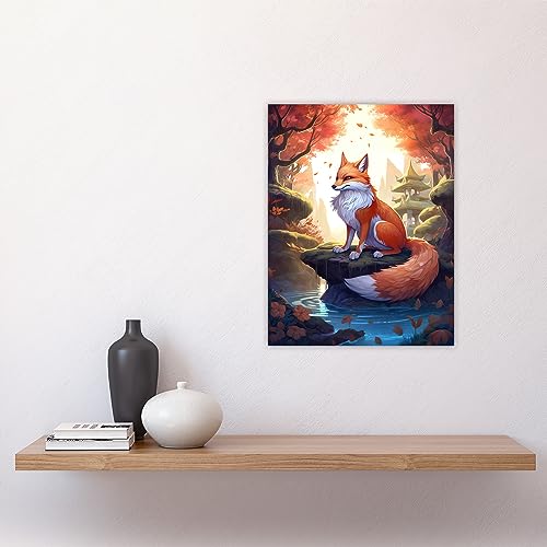 Artery8 Kitsune Fox Spirit Painting Orange Green Blue Digital Art Conceptual Depiction Mythical Creature in Autumn Forest Landscape with Temple Unframed Wall Art Print Poster Home Decor Premium - Image 4
