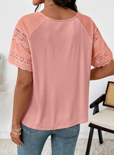 Image of EVALESS Womens Summer Tops Dressy Casual Spring Ribbed Texture Embroidery Short Sleeve Crewneck T Shirts