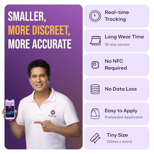 Image of Sugar.fit Smart Glucose Monitoring | Continuous, Real-Time Glucose Level Tracking on your Phone | Accurate Blood Sugar Levels | FDA Approved | Free Coach Consultation (Pack - 3)