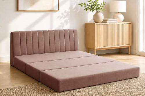 Image of Three-Seater Foldable Sofa Bed with, Modern Velvet Fabric Folding Couch for Living Room, Guest Room & Small Spaces-Brown
