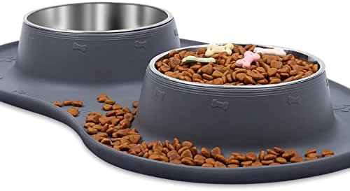 VIVAGLORY Dog Bowls for Small Dogs Stainless Steel Cat Puppy Feeding Bowls with Wider Non-Skid Non-Spill Silicone Mat, 200ml Each, Grey