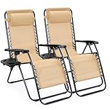 Sweetcrispy Zero Gravity Chairs, Set of 2 Portable Recliner Beach Camping Patio Outdoor Folding Lounge Chair with Cup Holder Trays and Adjustable Pillow for Poolside, Garden, Backyard, Lawn (Khaki)