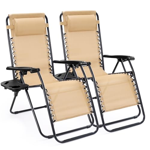 Sweetcrispy Zero Gravity Chairs, Set of 2 Portable Recliner Beach Camping Patio Outdoor Folding Lounge Chair with Cup Holder Trays and Adjustable Pillow for Poolside, Garden, Backyard, Lawn (Khaki)