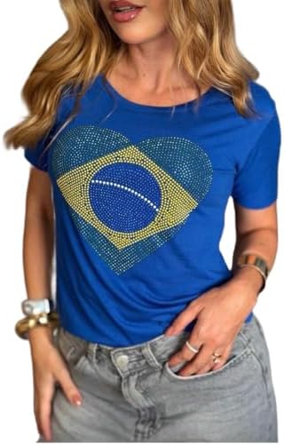 Camiseta Feminina com Bandeira do Brasil em Strass, Coração, Mang...