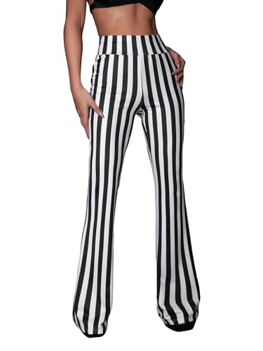 SOLY HUX Women's Striped Elastic High Waist Flare Leg Long Pants Casual Trousers