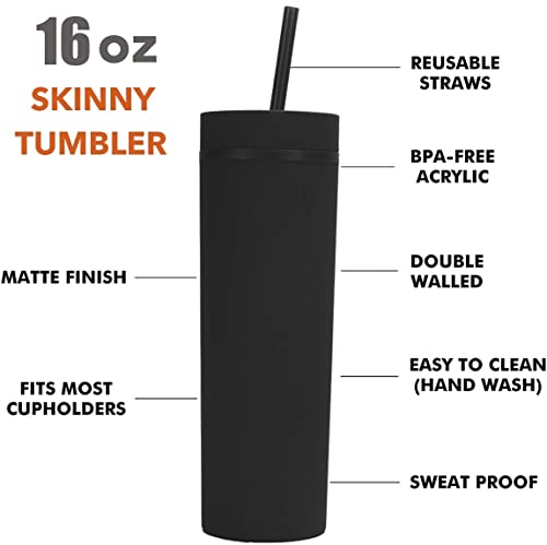 16Oz Black Matte Pastel Colored Skinny Tumblers With Lids And Straws.double Walled Reusable Plastic Acrylic Travel Smoothie Drink Tea Iced Coffee Tumbler Cups.insulated Skinny Tumblers Bulk.(Black) #TOP1