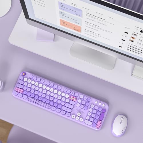 Image of KNOWSQT Wireless Keyboard and Mouse Combo - Lovely Purple Rainbow 2.4G Full-Sized Colorful Keyboards, Round Keycap USB Dongle Plug Play Cute Keyboards for Windows, Laptop, PC, Desktop, Mac