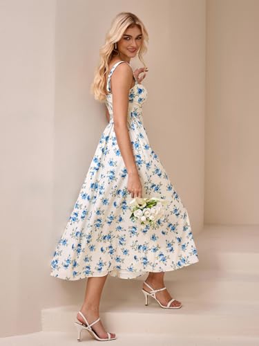 Image of KUTUMAI Floral Corset Midi Dress Flowy Slit Summer Spring Wedding Guest Dresses for Women Sundress with Pockets