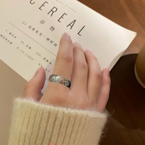Vintage Silver and Rose Gold Color Carved Dragonfly Sunflower Ring, Unique Metal Hammered Lotu Leaf Flower Rings Women Engagement Party Ring Jewelry2
