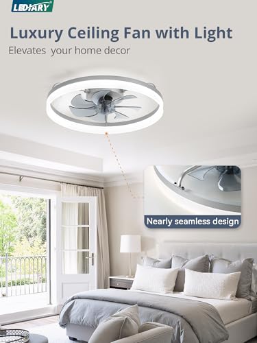 Image of LEDIARY Ceiling Fans with Lights, 20 inch Low Profile Flush Mount Ceiling Fan, Dimmable LED, APP & Remote Control, Quiet Reversible DC Motor, 6 Speeds, Fandelier for Bedroom, Grey