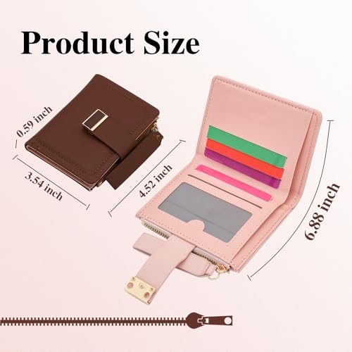 Woman Wallet, Solid Color Lady Zipper Wallet Leather Wallet Purses with Portable Rope and Snap Button Credit Card Holder(Pink)3