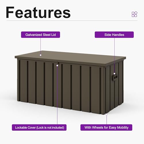 Image of PURPLE LEAF Outdoor Deck Box 100 Gallon, Waterproof Lockable Storage, Brown