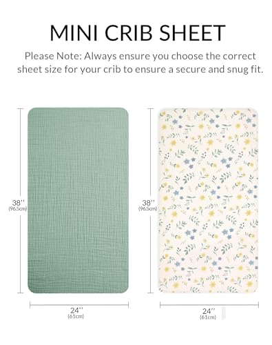 Image of Mini Crib Sheets for Baby Boy Girl 2 Pack, Neutral Mini Crib Mattress Sheet 24 inch x 38 inch, Muslin Nursery Bedding Soft and Breathable Comfort (Spring Garden & Sage)