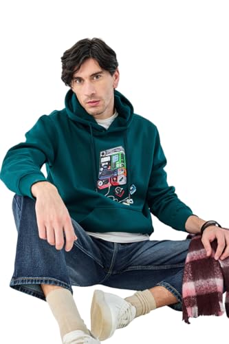 Image of SNITCH Men Casual Hoodie Jacket | Regular Fit Hooded Neckline Full Sleeve with Retro Cassette Print | Cotton Blend Fleece Fabric for Winter