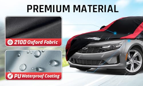 Image of Camaro Car Cover Waterproof All Weather with Red Strip Design, Custom Fit for Chevy Camaro 2010-2026, Accessory with Door Zipper & Windproof Straps