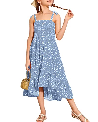 Girls Summer Dress Kids Sleeveless Tie Strap Boho Beach Midi Dress Smocked Ruffle Flowy Sundresses