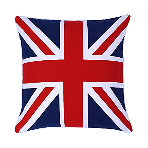 Image of 100% Cotton Union Jack/British Flag Design Cushion Cover, Sofa Case Couch Pillow for Home Décor Size 18''x18'' (Red&Blue, 18''x18'')