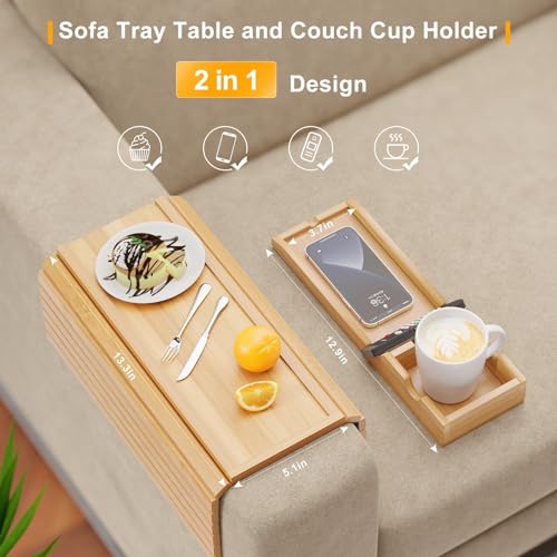 image for Bestjing Bamboo Sofa Armrest Tray - Couch Arm Tray with Detachable Cou