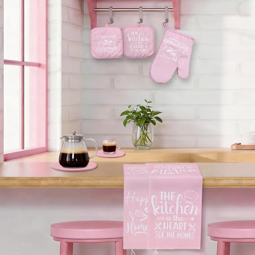 8-Pcs Pink Oven Mitts and Pot Holders Set – Pink Kitchen Accessories, Includes 2 Oven Mitts, 4 Pot Holders, 2 Dish Towels, for Baking, Cooking, Farmhouse, Housewarming, Christmas, Valentine's Day - image 2