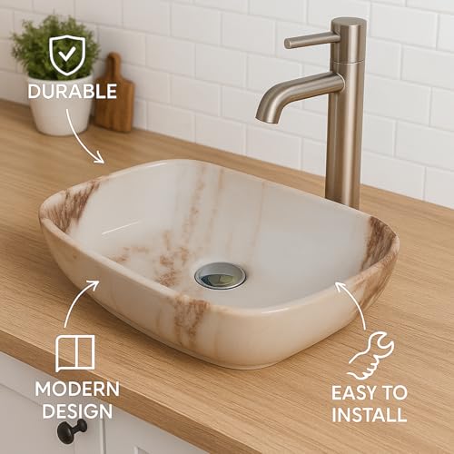 Image of Ceramic Tabletop Wash Basin - Glossy Rectangular Countertop Vessel Sink with Marble Finish for Bathroom & Vanity | Compact 18 x 13 x 5 Inch | Elegant Washbasin