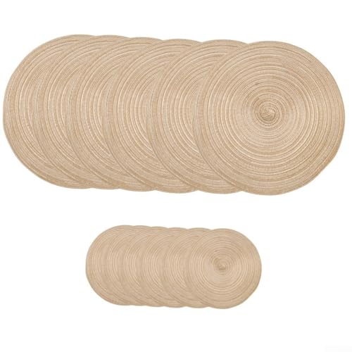 Elegantes manteles individuales redondos y posavasos de 12 piezas para interiores o exteriores para comedor (marrón)