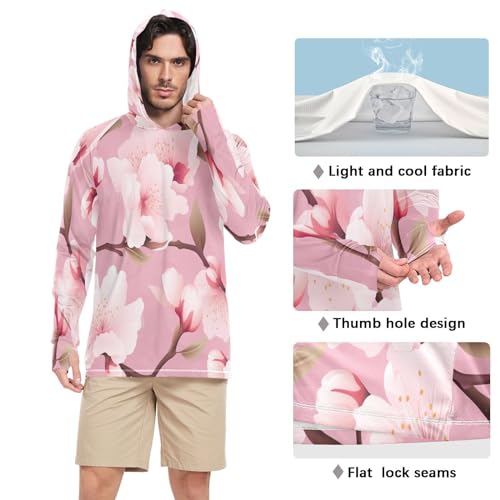 xigua Beautiful Cherry Blossoms Men's UPF 50+ Sun Shirts Quick Dry Sun Protection Hoodie With Long Sleeve 6854