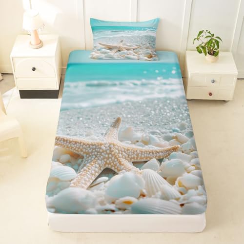 Image of jejeloiu Summer Beach Bed Sheets Set Twin Size Sea Bed Set for Kids Boys Girls Ocean Deep Pocket Fitted Sheet Starfish Breathable Soft Lightweight Microfiber