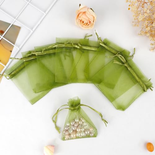 Image of BOEIAC 100 Pcs Sheer Small Drawstrin Organza Bags, Army Green 3 x 4 inch Jewelry Gift Mesh Party Wedding Favor Mini Candy Bags for Weddings Birthday Party Favors