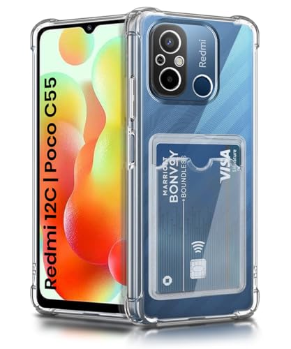 Image of WOW IMAGINE Transparent Back Cover Case for Xiaomi Redmi 12C | Poco C55 | Flexible Built-in Slim Card Pockets Wallet | 360 Camera Protection TPU | Soft Silicone Mobile Cover - Transparent