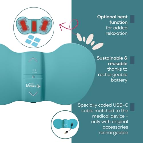 Beurer EM 55 Menstrual Relax+, contre les douleurs menstruelles et les douleurs dues à l'endométriose, fonction TENS et chaleur, avec batterie rechargeable, surface de chaleur plus grande, turquoise