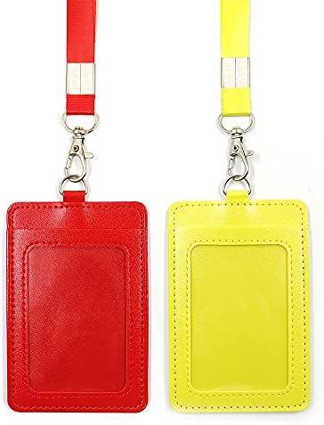 2 pcs Leather ID Badge Holder Vertical, pu Leather id Badge Card Holder Wallet with 18 Inch Detachable Neck Nylon Lanyard for Office, School, Driver Licence (Black, Blue)