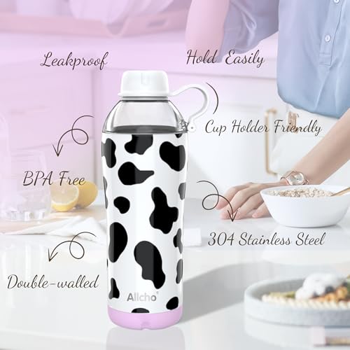 Image of Cow Insulated Water Bottle for Women, 18 oz Stainless Steel Water Bottles, Double Walled, 2 Lids (Chug & Tumbler) - Hydrate & Caffeinate, Available Gift Wrapping