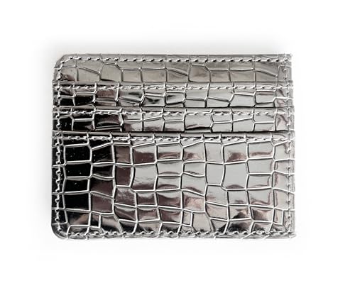 Super Shiny Slim Credit Card Holder Mini Front Pocket Wallet in Mirror Metallic Faux Crocodile pattern (Metalic Pewter)