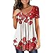 Maglietta a tunica da donna con stampa floreale, scollo rotondo, a maniche corte, con bottoni, casual, con plissettato, basic da donna, Colore: rosso, XL