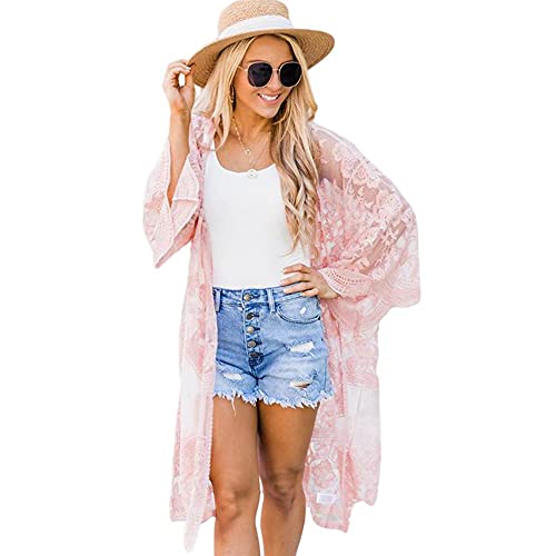 Opocos Women s Swimwear Lace Cardigan Kimono Floral Crochet Sheer Open Swimsuit Beach Cover Up (Pink)