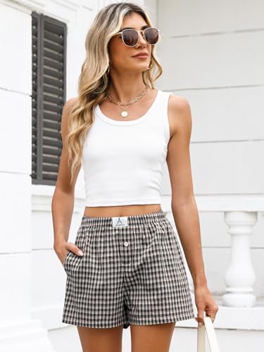 Image of ANRABESS Boxer Shorts for Women Gingham Pajama 2026 Summer Casual Lounge Sleep Plaid Shorts Y2K Beach Bottoms