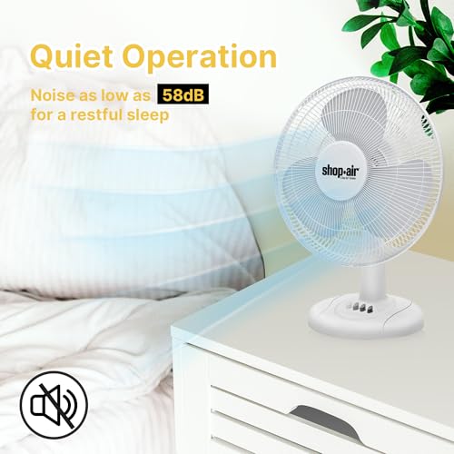 Shop-Air 12\" Oscillating Table Fan, 3 Speeds, High-Velocity, Quiet & Powerful Air Circulation, 70° Adjustable Head Tilt,Ideal for Home, Bedroom or Office, White