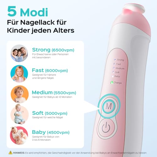 COSLUS C52 Baby Nail File Electric: Fünf Gänge mit LED Sanfter Leuchten 6 Schleifköpfe, geeignet für Babys und Erwachsene – Ansicht 4