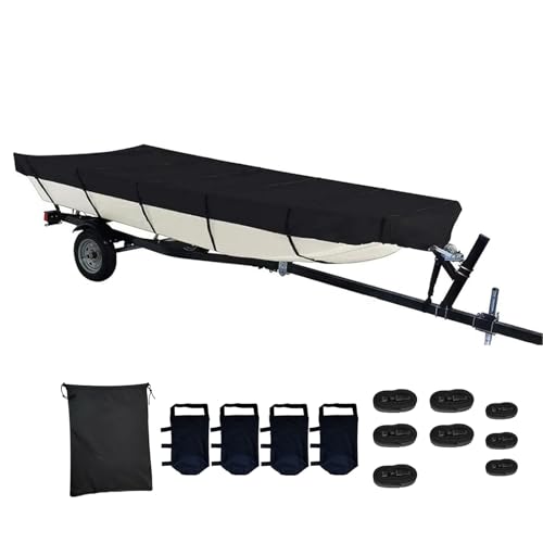 Jon Boat Cover 12ft 420D Marine Grade Waterproof UV Resistant Jon Boat Upgraded Version 12 Foot with Adjustable Side Straps Scratch-Resistant All-Weather Protection-Black