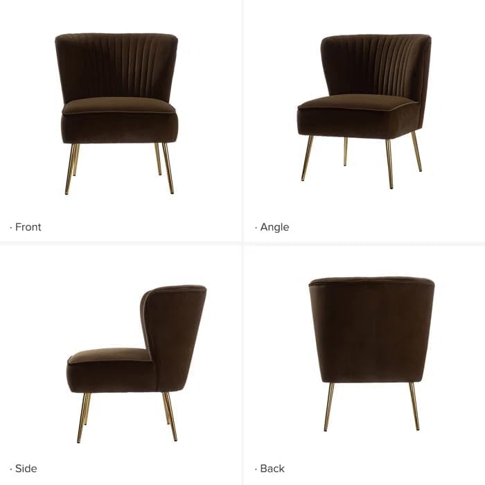 Image of Modern Upholstered Accent Velvet Chair Single Seater Channel Tufted Wing Back Chair with Golden Matel Legs for Living Room, Bedroom, Dining Room, Brown